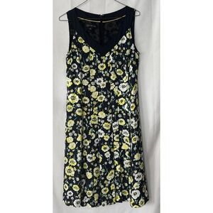 JONES NEW YORK -SUMMER DRESS NAVY YELLOW FLORAL SLEEVELESS V NECK PLEATED Size 4